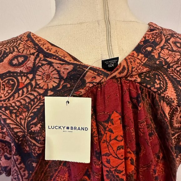 NWT Lucky Brand Short Sleeve Button Down Paisley Floral Red Rust and Tan Top - Picture 4 of 5